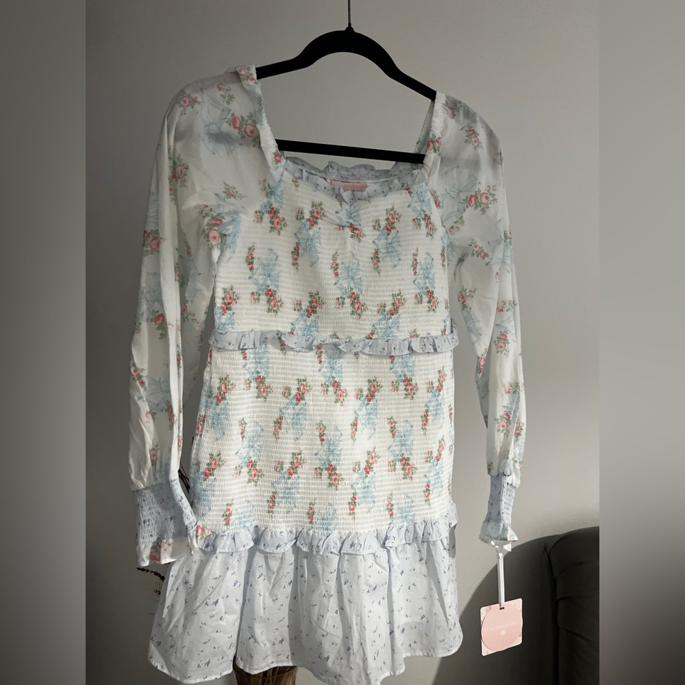LoveShackFancy White Floral Smocked Tunic with Pastel Blue Accents